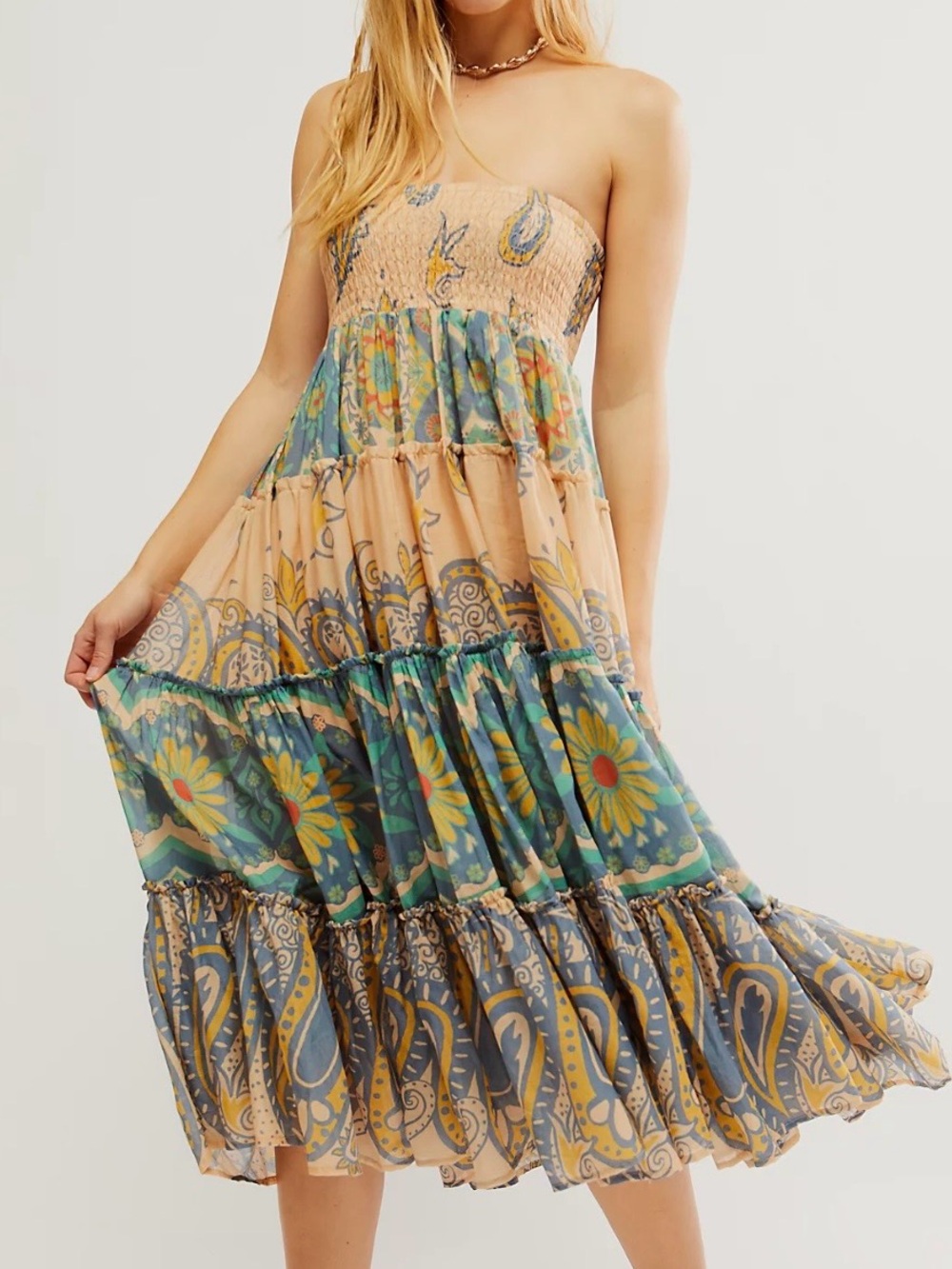 NWT Free People Super Thrills Convertible Maxi Skirt Blue Sky Combo Boho